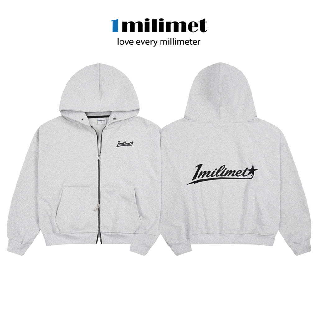 Áo Khoác Hoodie Zip - 1MILIMET Star Signature Form BOXY Unisex, Vải Chân Cua 440GSM - Màu Xám Tiêu
