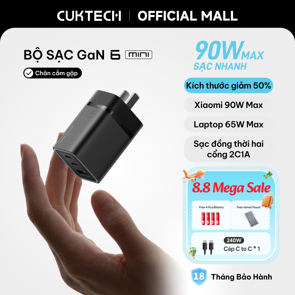 Củ Sạc Nhanh CUKTECH GaN 90W 3 Cổng Siêu Nhỏ Gọn Sạc Laptop 65W Cho iP 17/16/15/Xiaomi 17/Samsung S26/Oppo/Vivo | BigBuy360 - bigbuy360.vn