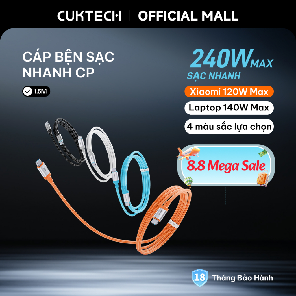 Cáp Sạc Nhanh CUKTECH CP Bọc Dù 6A 240W Type-C to Type-C Phù Hợp cho iPhone 17/Xiaomi/Samsung/Vivo | BigBuy360 - bigbuy360.vn