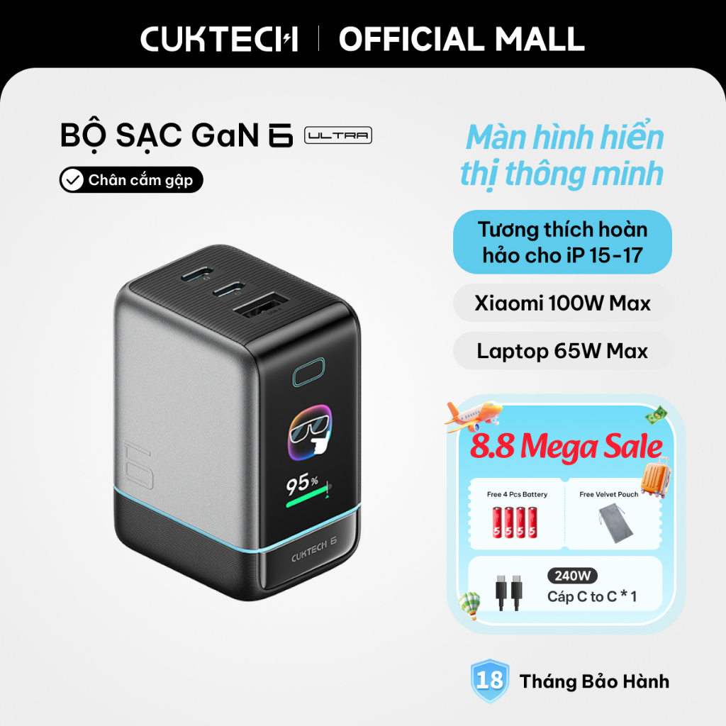 Củ Sạc Nhanh CUKTECH GaN 100W Màn Hình Hiển Thị 3 Cổng Type-C Sạc Laptop 65W Tương Thích iP 17 Pro Max/MacBook/Xiaomi | BigBuy360 - bigbuy360.vn