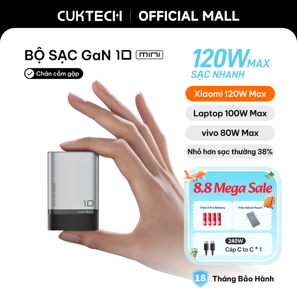 Củ Sạc Nhanh CUKTECH GaN 120W Siêu Nhỏ Gọn Chân Cắm Gập Sạc Laptop MacBook Cho iP 17/16/15 Xiaomi 17/Samsung S26 | BigBuy360 - bigbuy360.vn