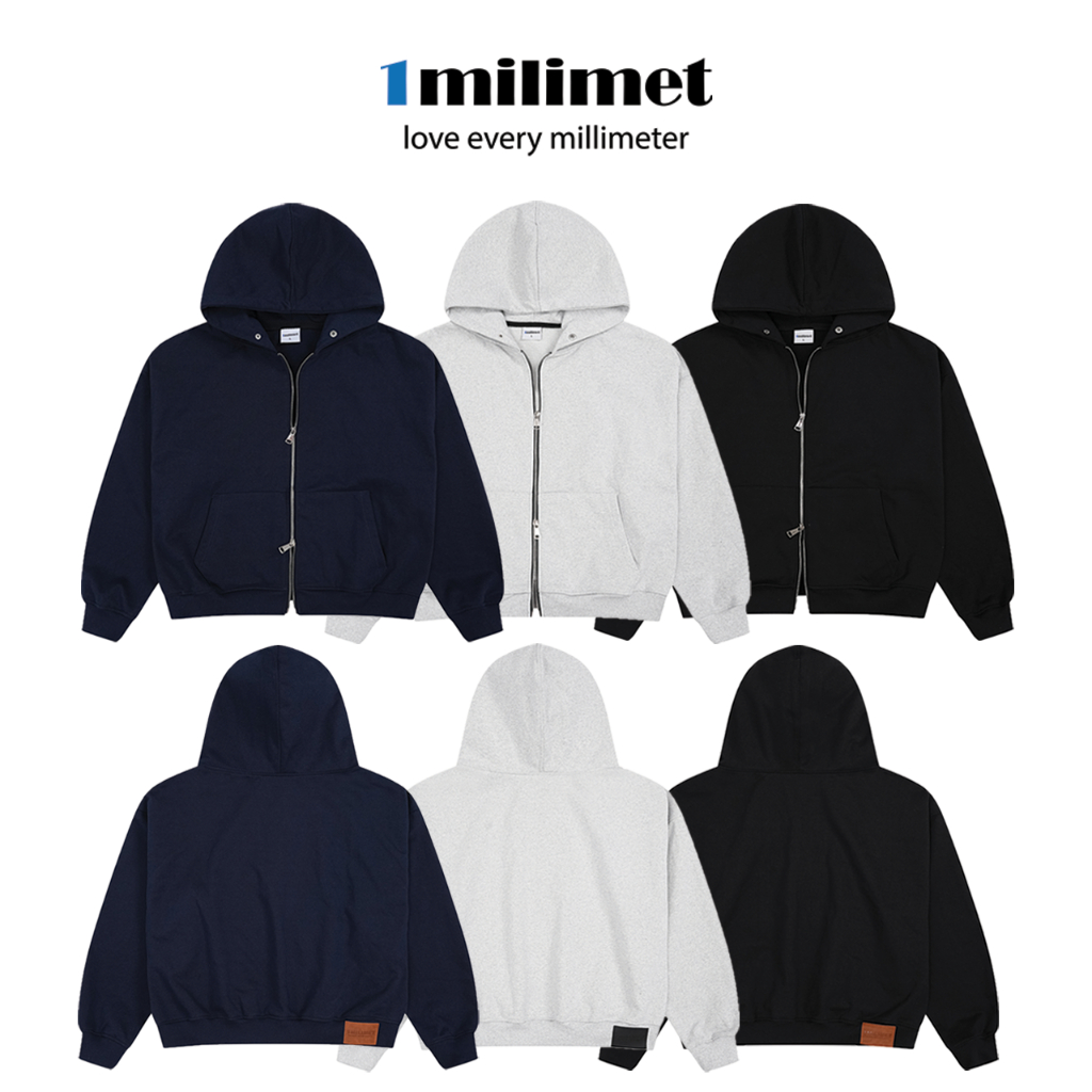 Áo Khoác Hoodie Zip - 1MILIMET Leather Tag Line Form BOXY Unisex, Vải Chân Cua 440GSM