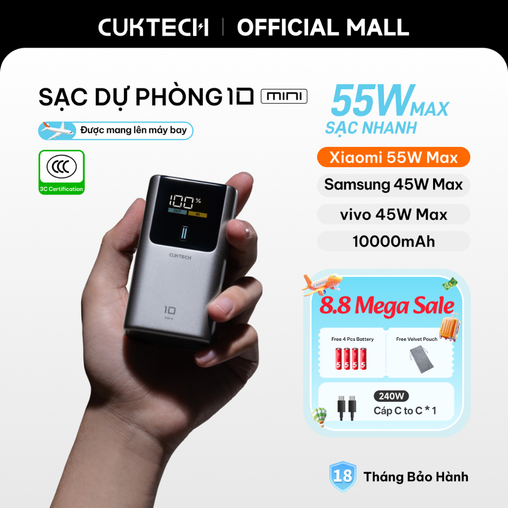 【Được chứng nhận CCC】CUKTECH Mini 55W Sạc Nhanh 10000mAh Pin Sạc Dự Phòng Xiaomi 55W Max Samsung 45W iP16/15/14 | BigBuy360 - bigbuy360.vn