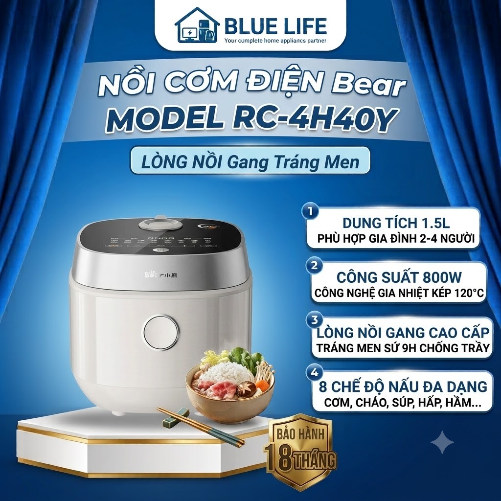 Nồi Cơm Điện Bear RC-4H40Y, 1.5Lit - 800w, 8 chế độ nấu, Hàng chính hãng