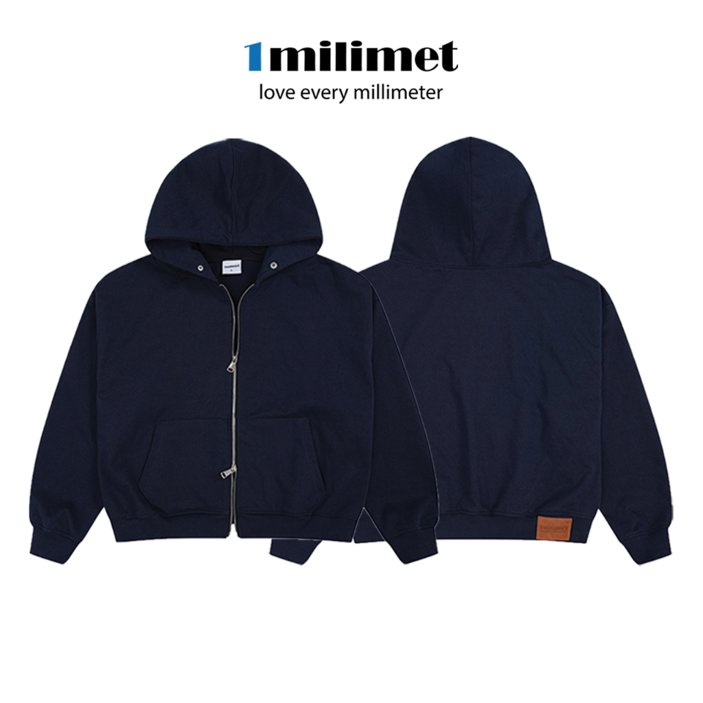 Áo Khoác Hoodie Zip - 1MILIMET Leather Tag Line Form BOXY Unisex, Vải Chân Cua 440GSM - Xanh Đen
