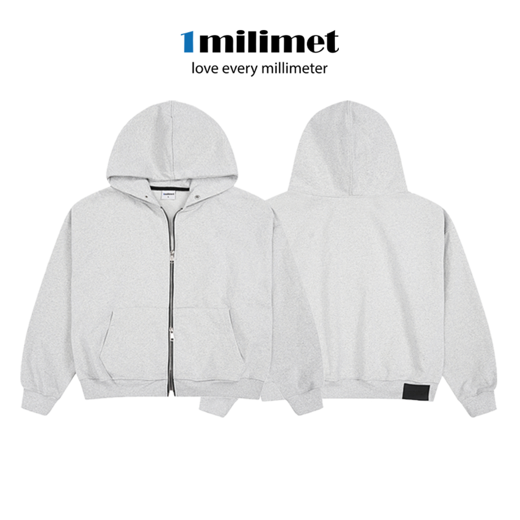 Áo Khoác Hoodie Zip - 1MILIMET Leather Tag Line Form BOXY Unisex, Vải Chân Cua 440GSM - Xám Tiêu
