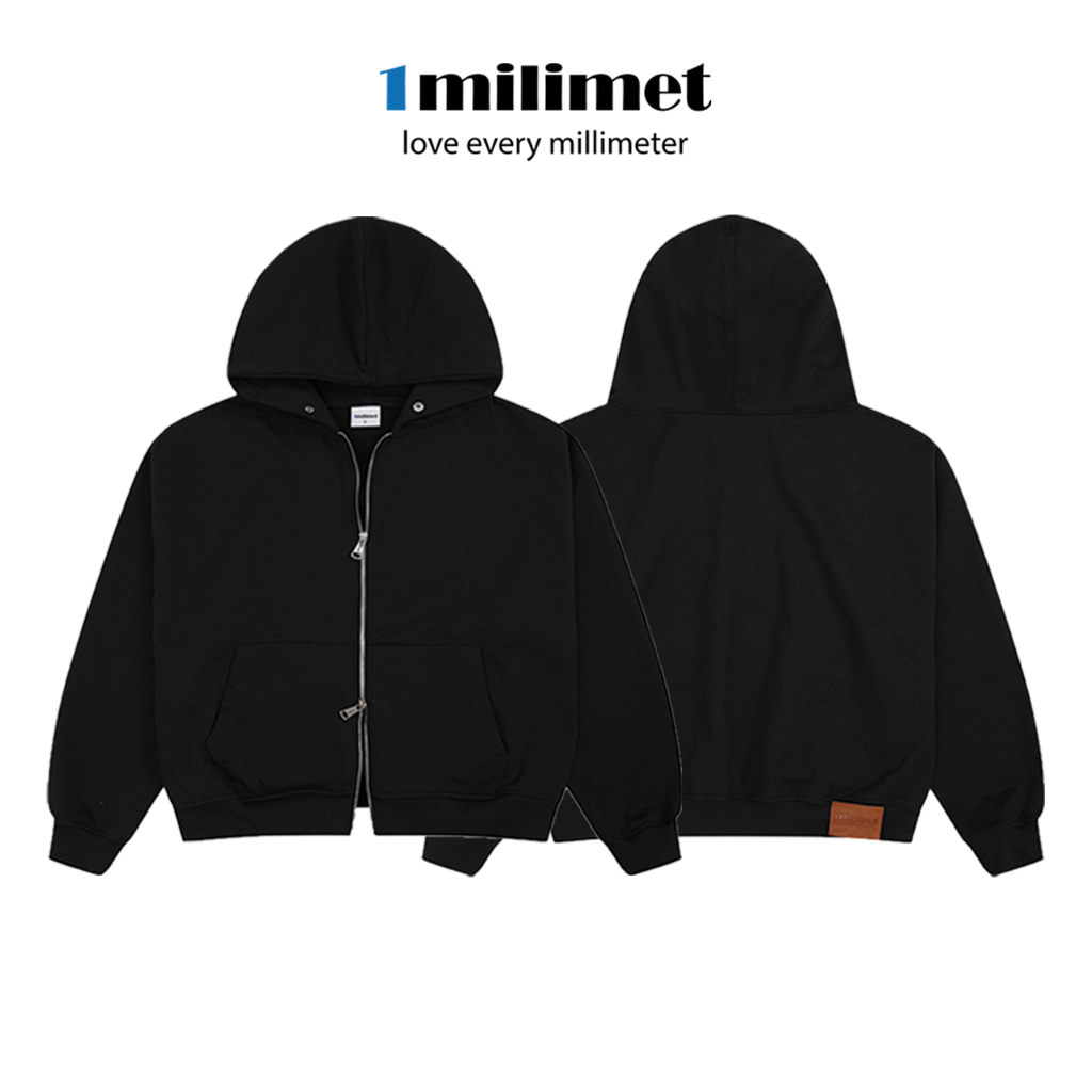 Áo Khoác Hoodie Zip - 1MILIMET Leather Tag Line Form BOXY Unisex, Vải Chân Cua 440GSM - Đen