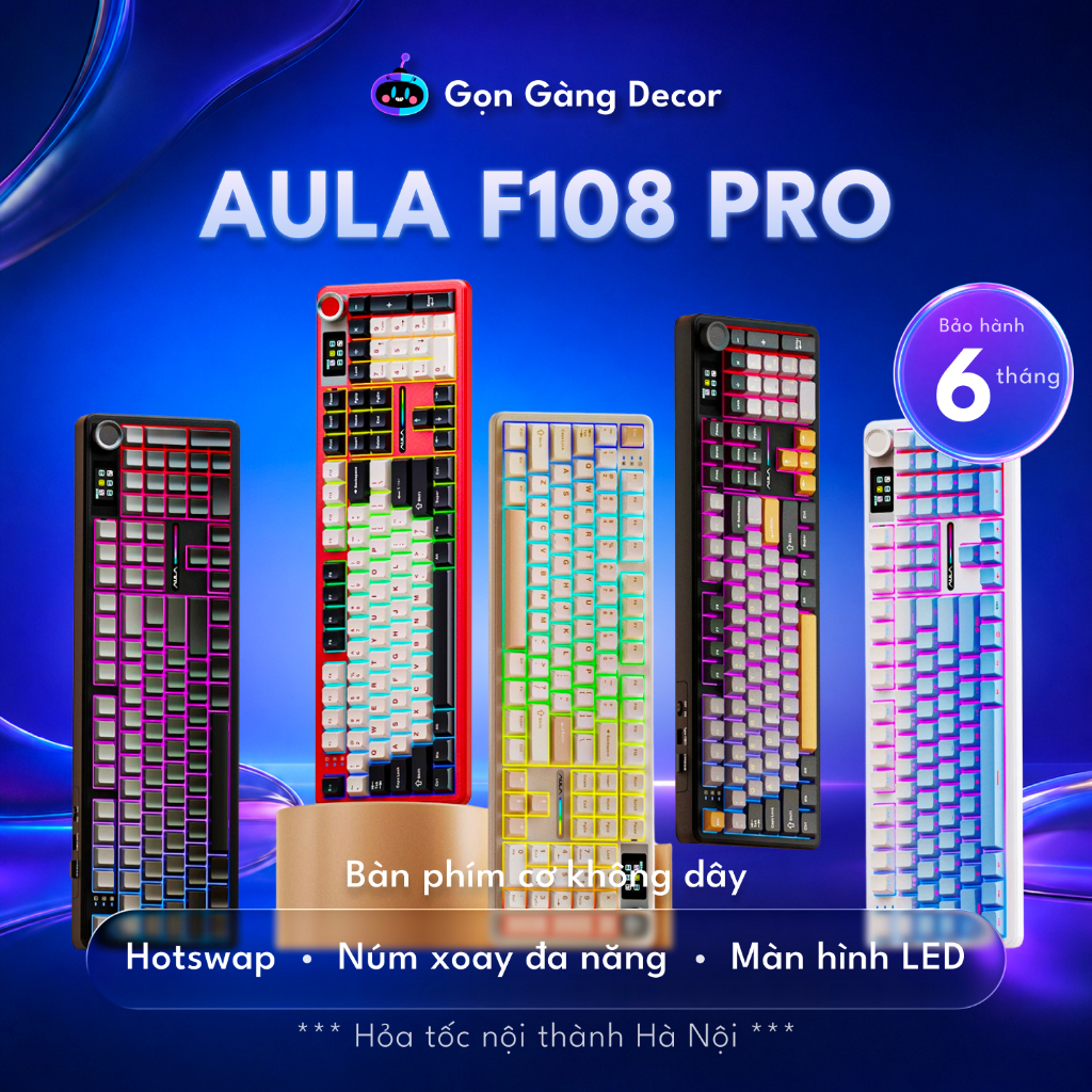 AULA  F108/F108PRO -Bàn phím cơ không dây FULLSIZE - Hotswap - LED RGB - Có app chỉnh Gọn Gàng Shop