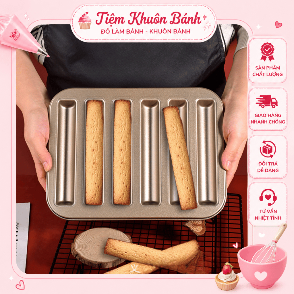 Khuôn Nướng Bánh Que 6 Ô Chống Dính Hợp Kim Carbon Làm Bánh Finger Cake Lady Finger Bánh Thanh 147 T