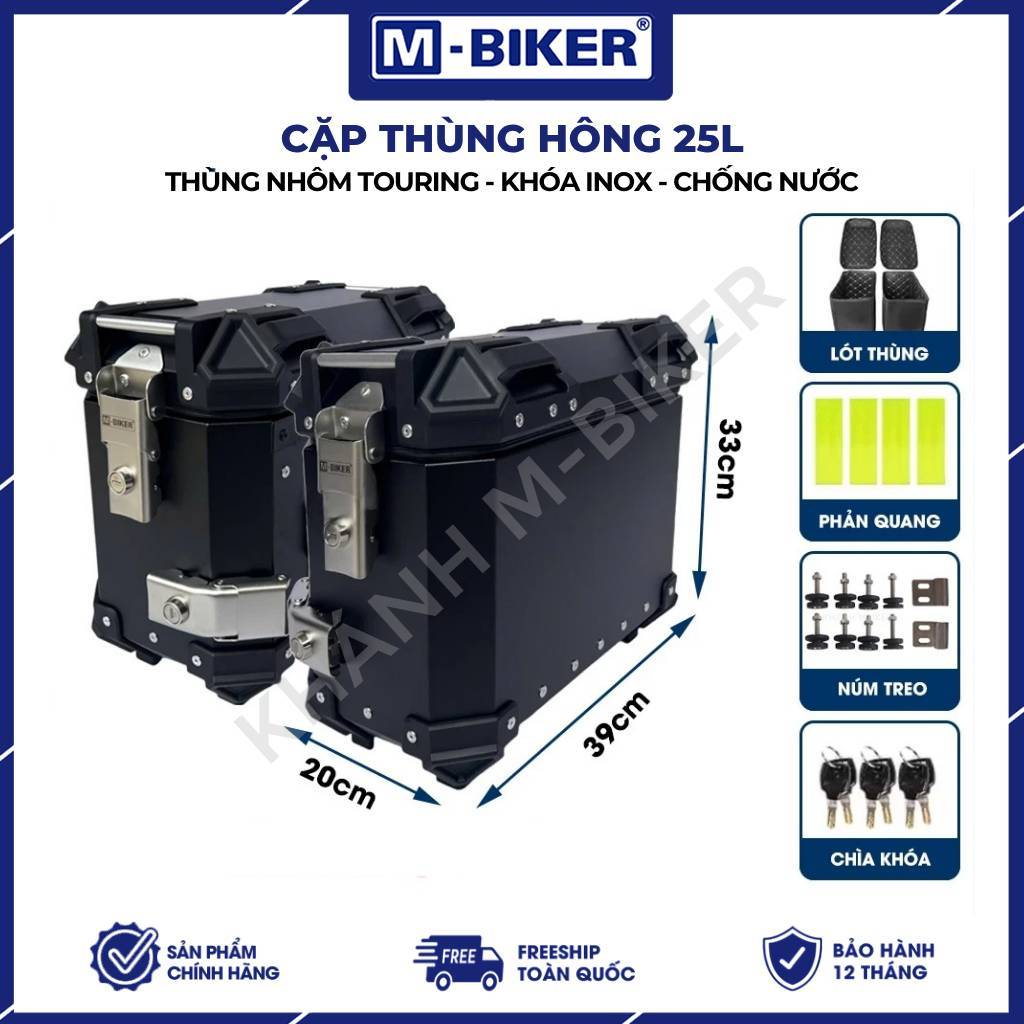 Cặp Thùng Nhôm 25L, thùng hông nhôm 25L gắn sau xe moto chống nước, dáng vuông cứng cáp | M-Biker
