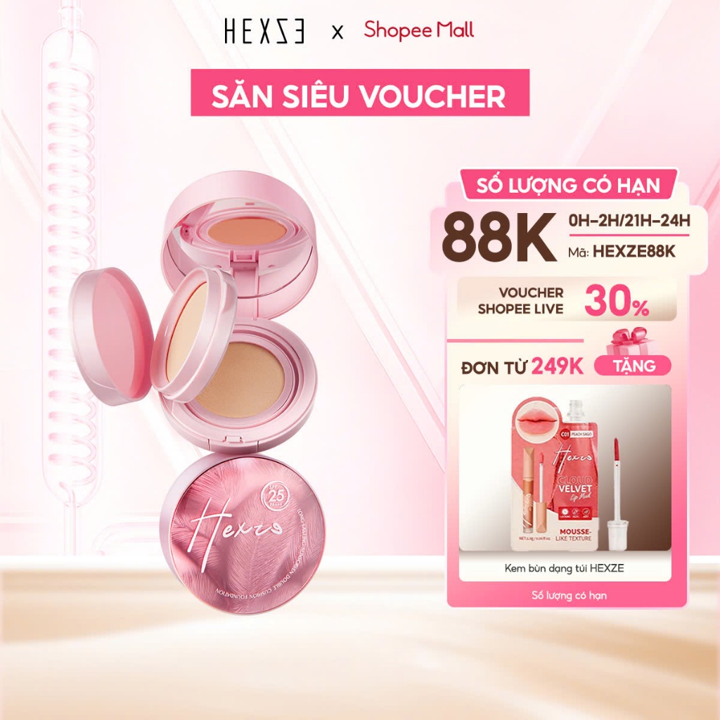 Cushion hỗ trợ chống nắng kèm phấn phủ 2 in1 HEXZE Spf25 PA+++, nâng tone tự nhiên cố định lớp makeu