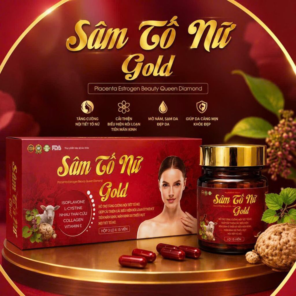 Viên uống Sâm Tố Nữ Placentra Estrogen Beauty Queen Diamond Gold (Hộp 3 Lọ x 15 viên) Hỗ trợ cân bằn