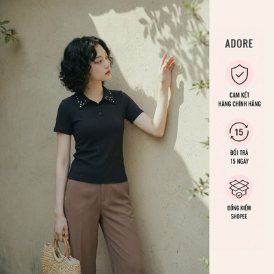[ ADORE ] Áo thun polo hồng/ đen đính đá cổ 611TS1001
