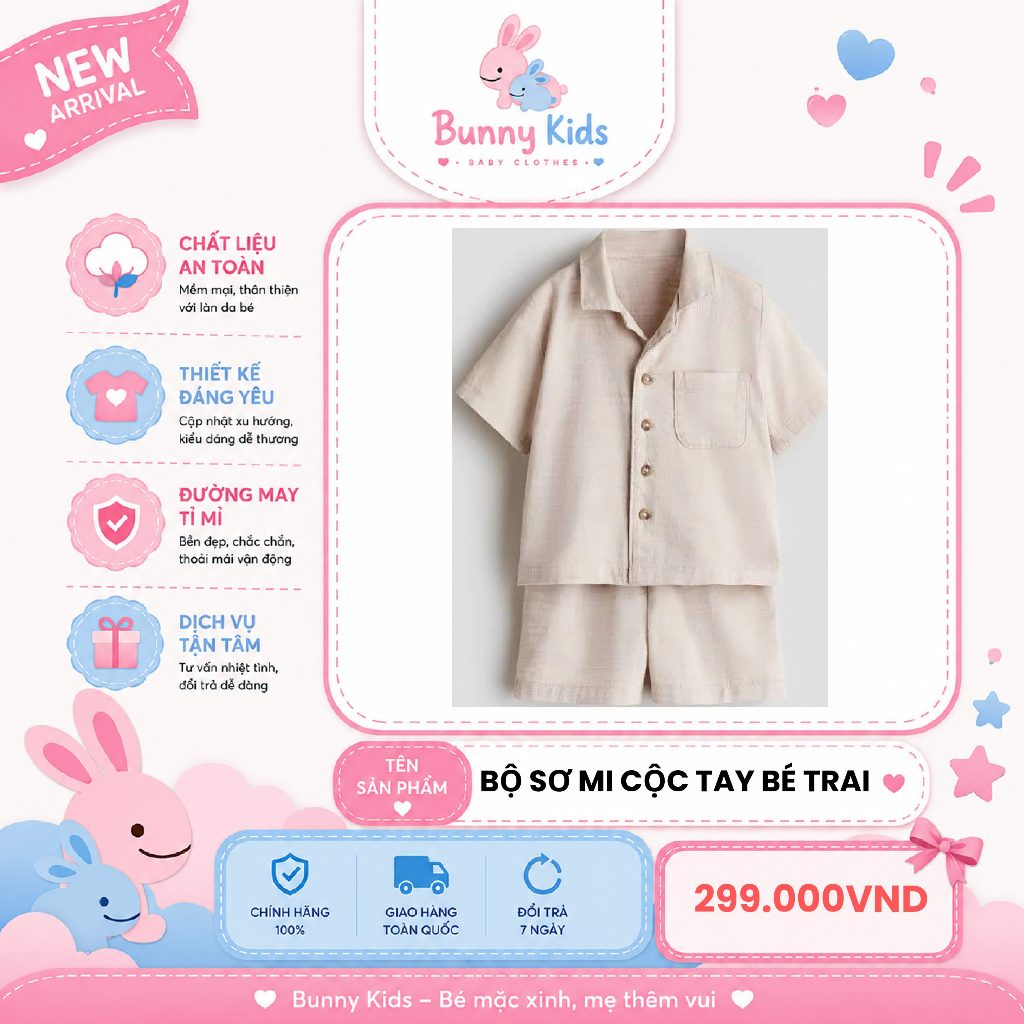 Bunny Kids | Bộ Sơ Mi Cộc Tay Màu Kem Bé Trai
