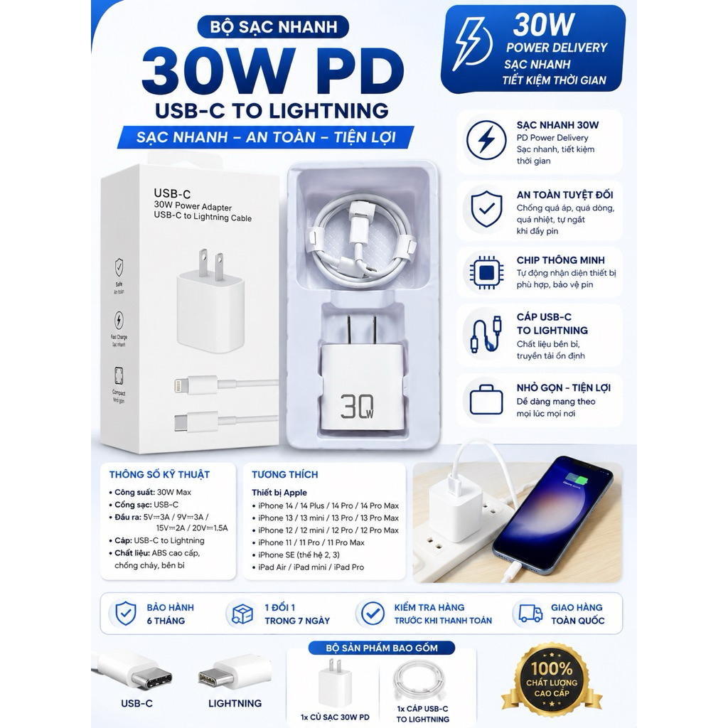 Bộ Sạc 30W PD USB-C to Lightning Cho iPhone | Củ Sạc 30W + Cáp USB-C to Lightning Sạc Nhanh