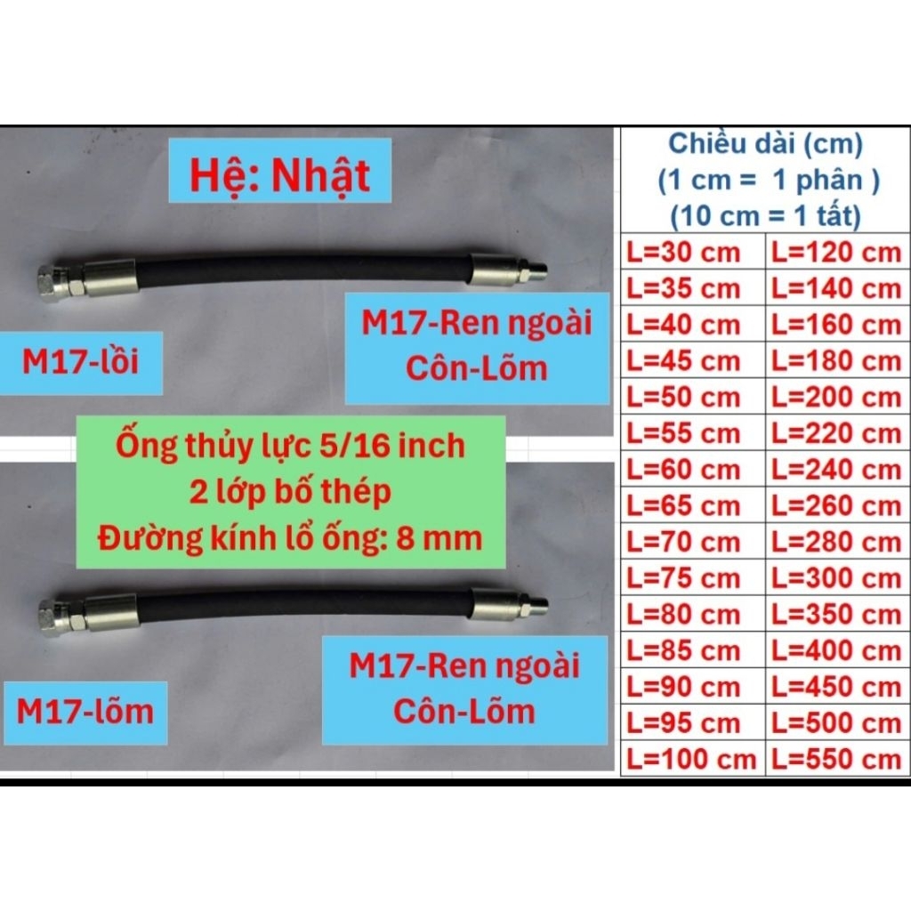 Ống thủy lực 5/16 inch, 2 lớp bố thép, bấm 2 đầu hệ Nhật, 1 đầu M17, 1 đầu M17 ren ngoài - Côn - Lõm