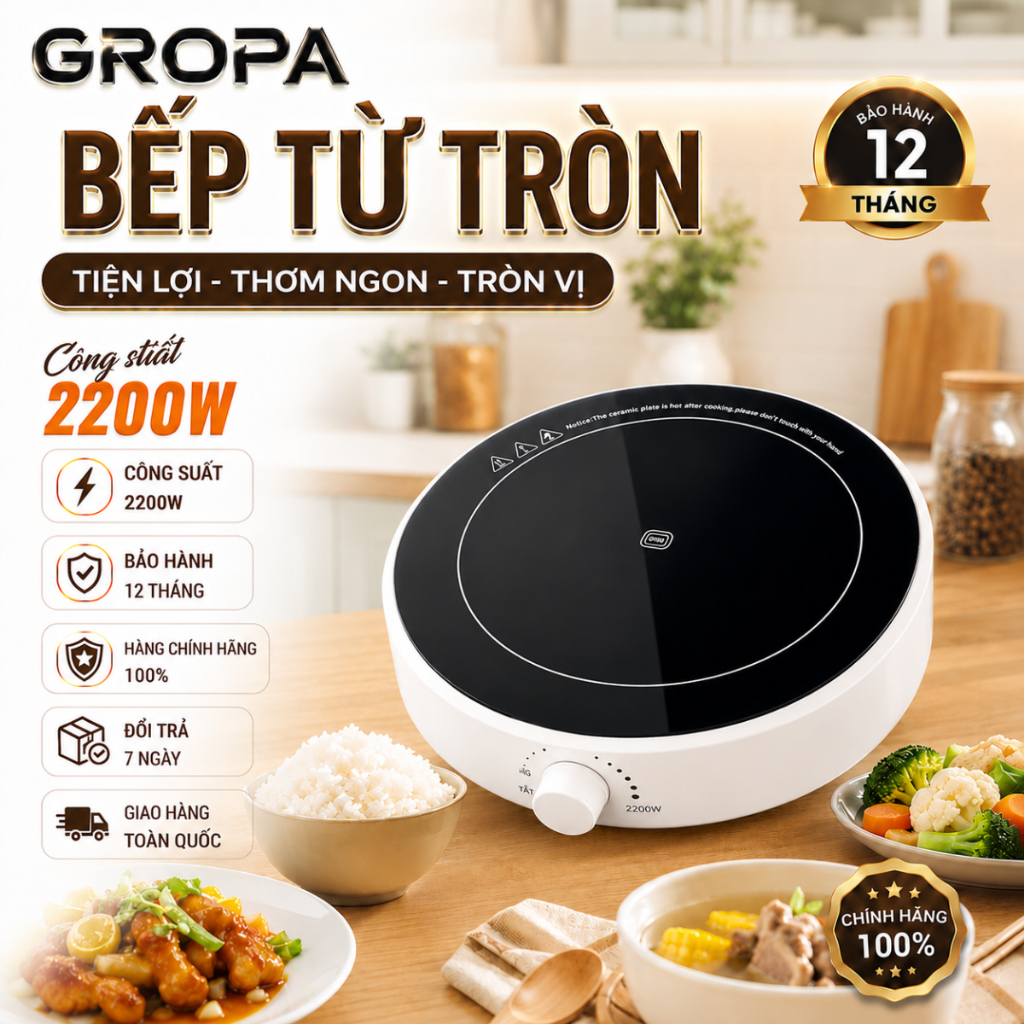 Bếp từ tròn , Bếp từ tròn đơn Gropa , bếp từ đơn Gropa chính hãng bảo hành 2 năm