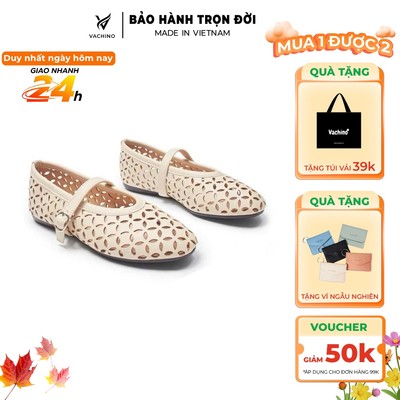 VACHINO - Giày búp bê nữ đế bệt dẻo, mũi tròn chất da mềm thiết kế khắc lazer thời trang-VA013