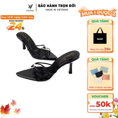Guốc cao gót nữ mũi nhọn dây mảnh phối hình tim kiểu dáng sang trọng màu đen cao 8cm VACHINO-VA016