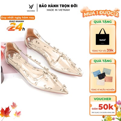 Giày nữ VACHINO đính đá trong suốt mũi nhọn hậu bít siêu lấp lánh sang trọng - VA014
