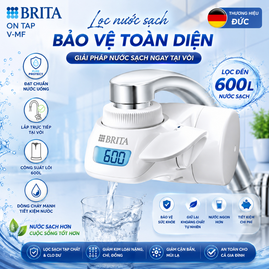 Thiết Bị Lọc Nước Tại Vòi BRITA On Tap Pro VM-F – Lọc Nhanh 600L, Giảm 99,99% Vi Khuẩn, Lắp Đặt Tron