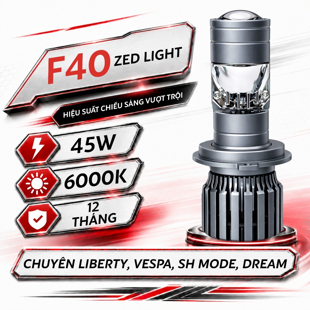 Đèn Pha Bi Cầu F40 ZED LIGHT - Chiếu Xa Hơn 200m - Lắp Cho Xe SH Mode, SH Ý, Liberty, Vespa