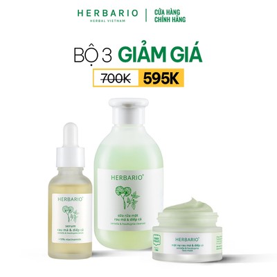 Bộ 3 chăm sóc da mụn cơ bản Rau má&Diếp cá Herbario: Sữa rửa mặt 200ml + Serum 30ml + Mặt nạ 30ml
