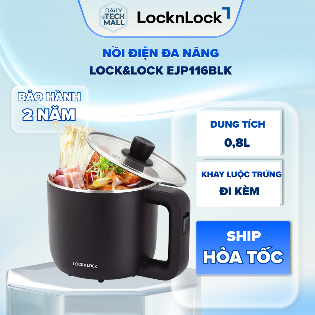 Nồi Điện Đa Năng Mini Lock&Lock EJP116BLK 0.8L 600W - Dùng Nấu Mì, Nấu Lẩu Tiện Lợi
