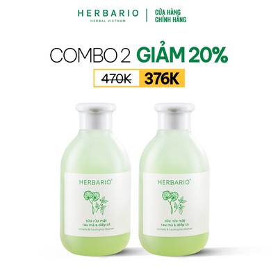 [MUA 2 GIẢM 20%] Combo sữa rửa mặt Rau má & Diếp cá herbario (2 Chai x 200ml) sạch mụn giảm dầu thuần chay