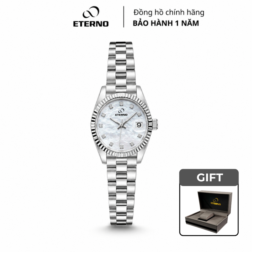 Đồng Hồ Nữ - Thương Hiệu ETERNO E26-0039L Dây Thép Không Gỉ Cao Cấp, Tone Màu Bạc Trắng Thanh Lịch