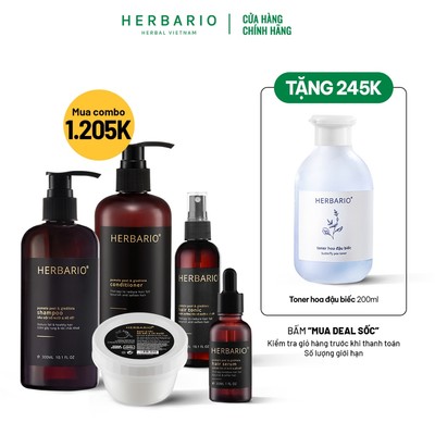 Bộ 5 Sản Phẩm Chăm Sóc Tóc Bồ Kết và Vỏ Bưởi HERBARIO Bao Gồm Dầu Gội, Dầu Xả, Xịt Dưỡng, Serum, Kem Ủ Tóc