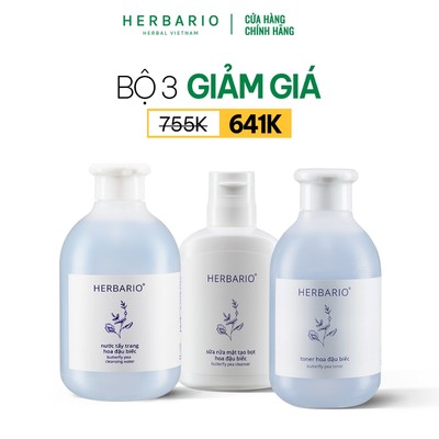 Bộ 3 chăm da Hoa Đậu Biếc Herbario: Nước tẩy trang 300ml + Sữa rửa mặt tạo bọt 100ml + Toner 200ml