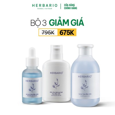 Bộ 3 cấp ẩm, ngăn lão hóa da Hoa Đậu Biếc Herbario: Sữa rửa mặt 100ml + Toner 200ml + Serum 30ml