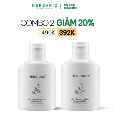 [MUA 2 GIẢM 20%] Bộ 2 chai Sữa rửa mặt tạo bọt hoa đậu biếc herbario (100mlx2) sạch bụi bẩn, chống lão hóa da