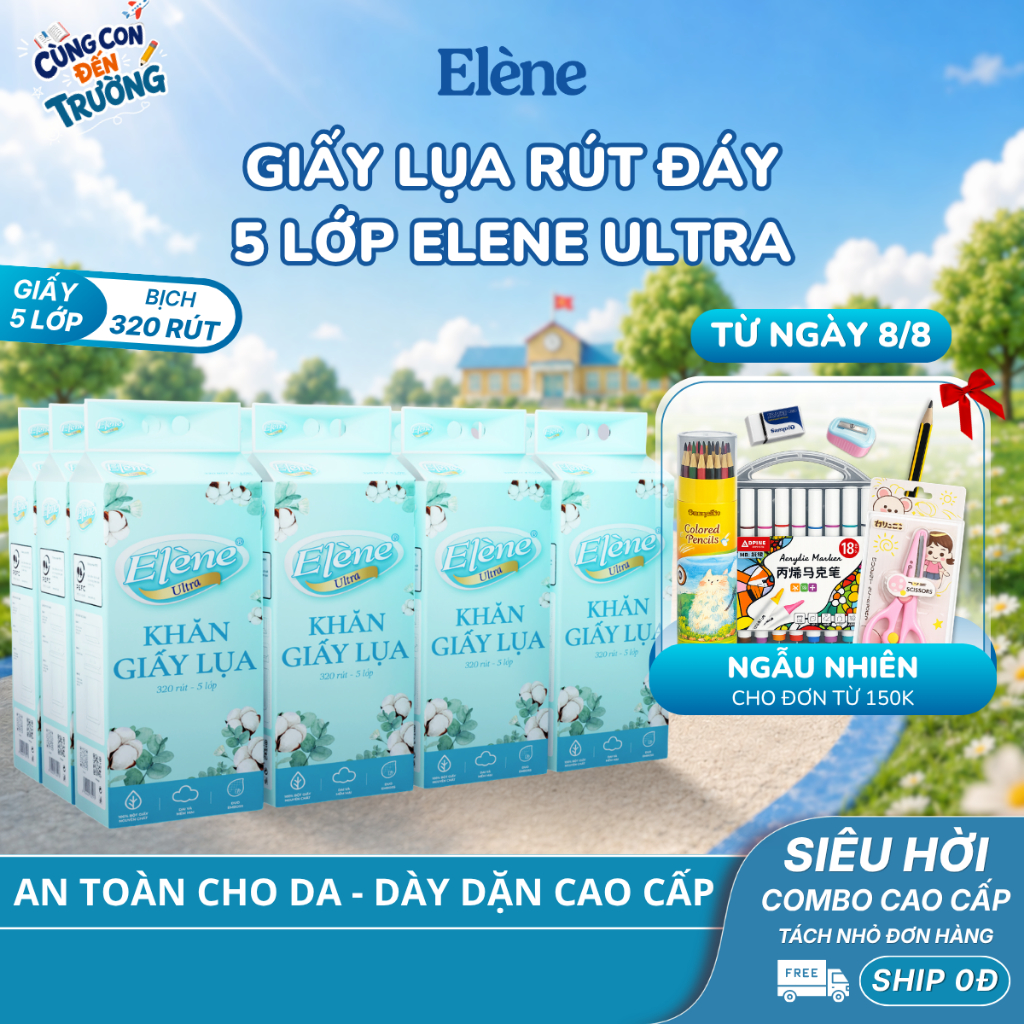 COMBO 6/10 BỊCH Giấy Lụa 5 Lớp Rút Đáy Elene Ultra 1600 Tờ Cao Cấp, Mềm Mịn, An Toàn