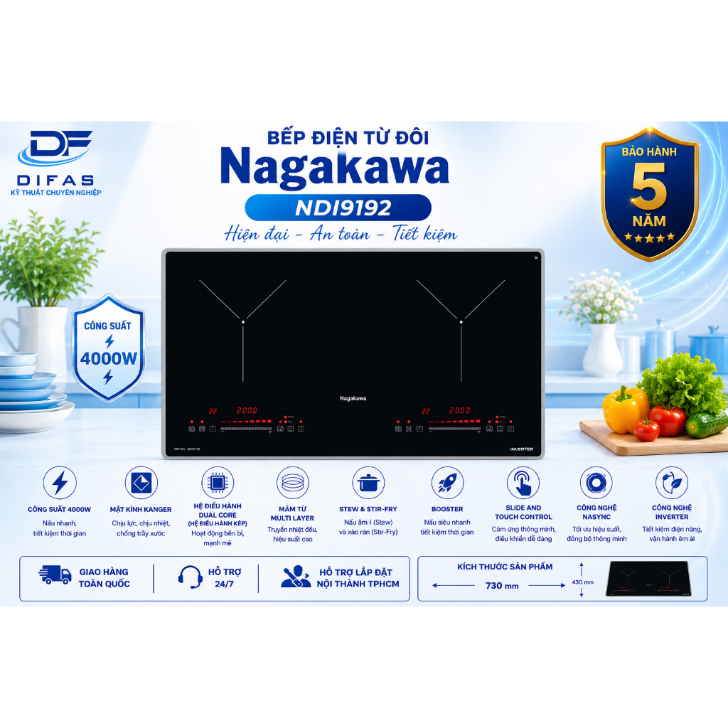 Bếp Điện Từ Đôi Inverter Nagakawa NDI9192 - Công Suất 4000W, Nấu Nhanh Booster, Kính Kanger Bo Viền,