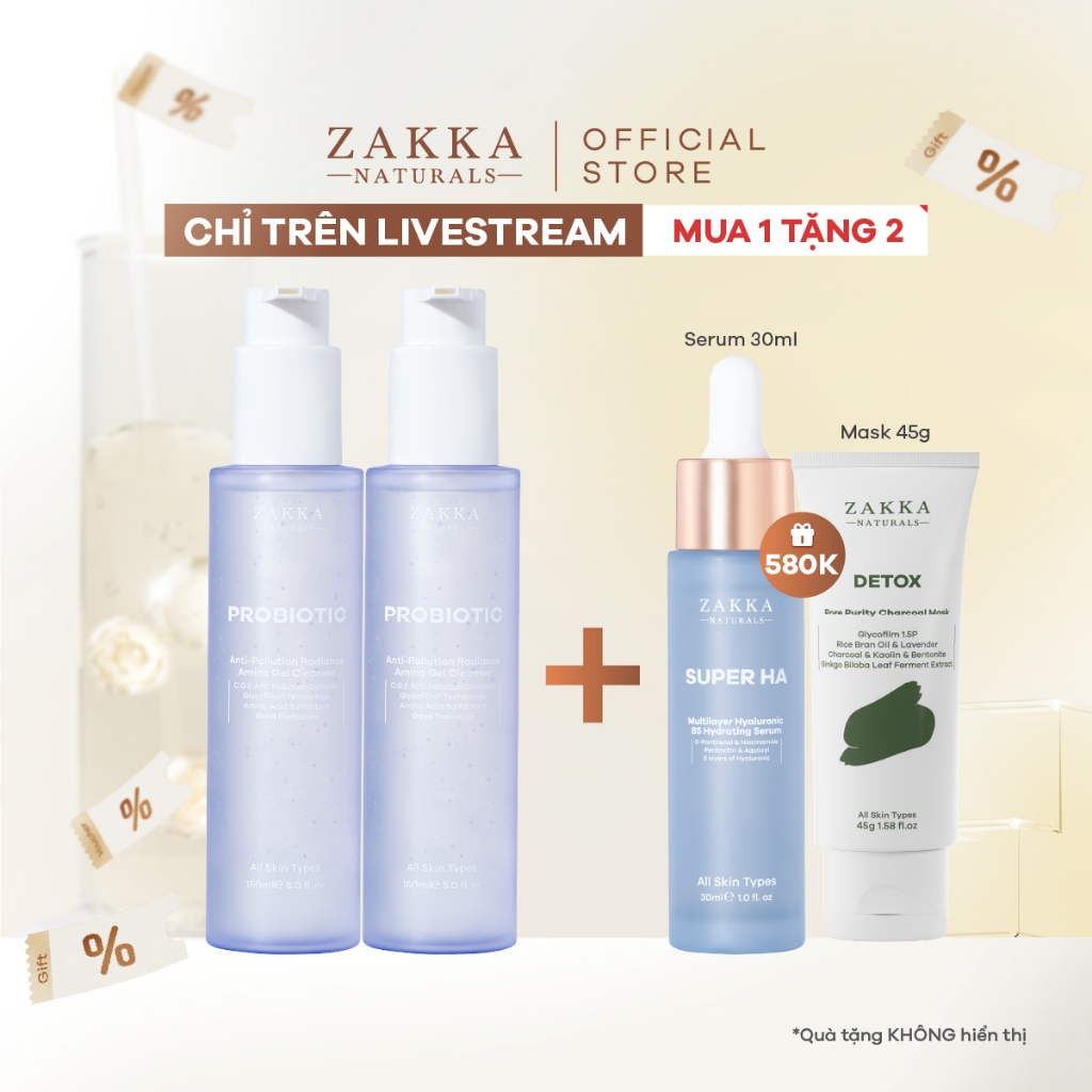 [Zakka x Harry] Combo 2 Gel Rửa Mặt Probiotic Anti-Pollution Radiance Amino Gel Zakka Naturals 150ml