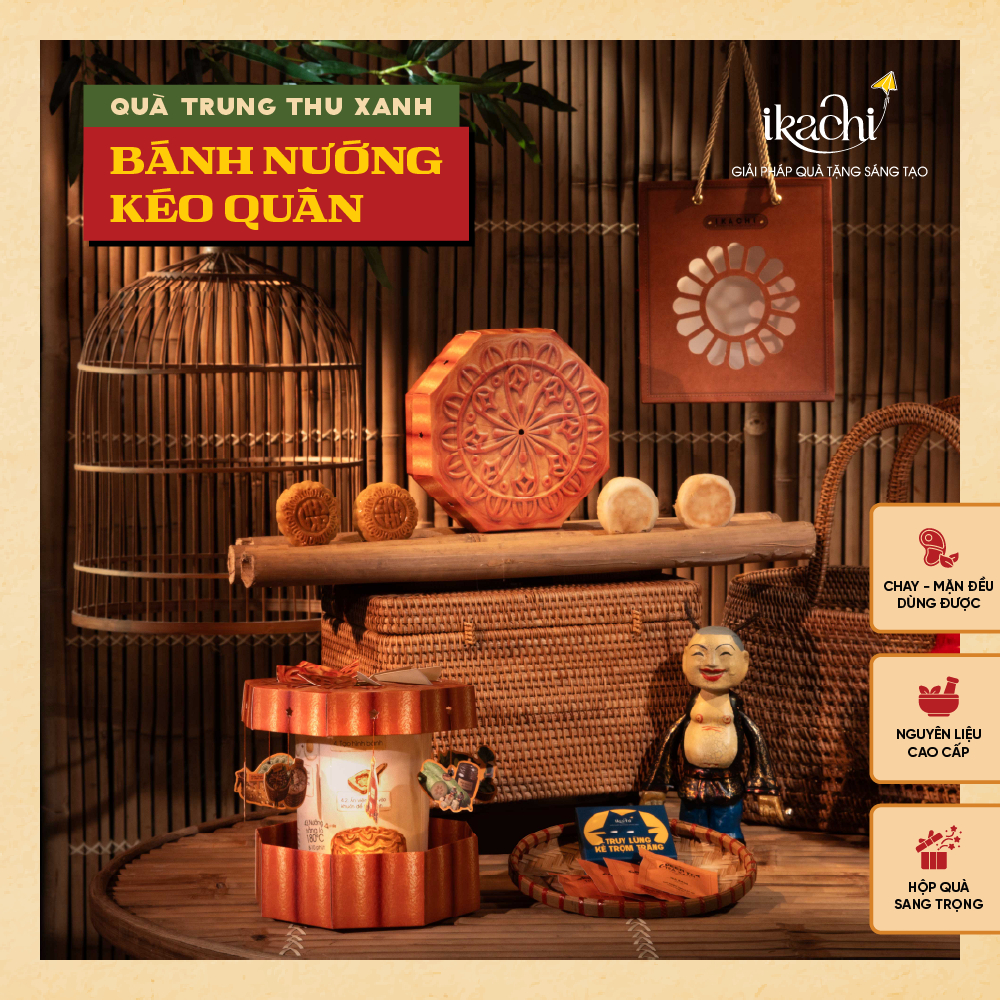 Hộp Quà Trung Thu Xanh IKACHI - Hộp Quà Bánh Nướng Kéo Quân - Set 2 bánh trung thu, 2 bánh pía, 4 gó