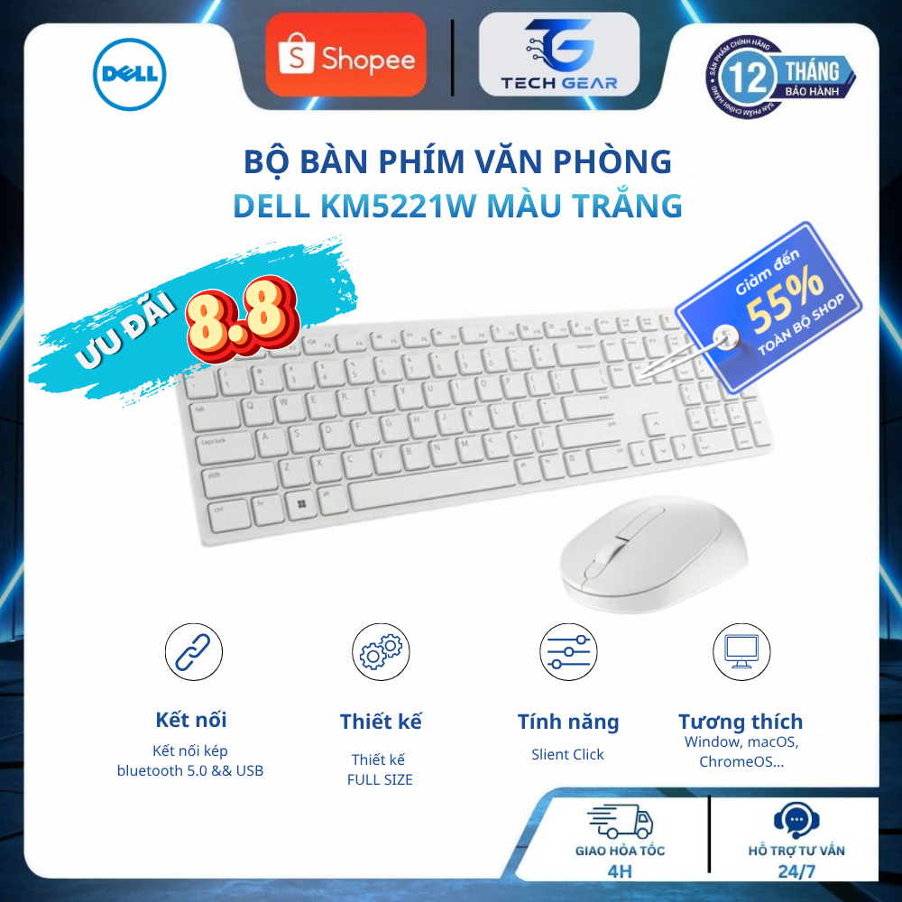 Bàn Phím Chuột Không Dây Dell KM5221W White - Combo Wireless 2.4GHz Fullsize Chính Hãng Cho Văn Phòn