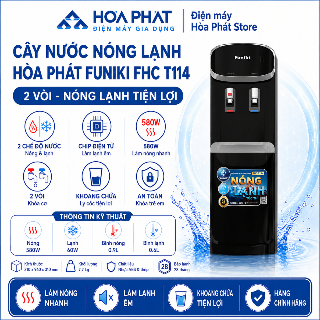 Cây Nước Nóng Lạnh Úp Bình Hòa Phát Funiki FHC T114 (mã thay thế HTL238) - Màu đen, 2 vòi riêng biệt