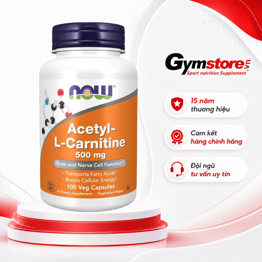 Viên uống Now Acetyl-L-Carnitine 500mg hỗ trợ tăng tập trung, đốt mỡ, tăng năng lượng - Gymstore