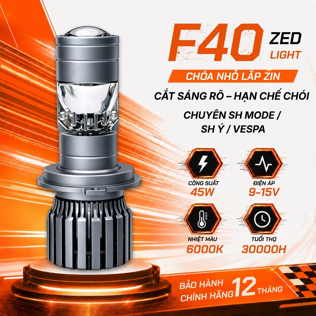 Đèn Pha LED Bi Cầu Mini F40 ZED LIGHT - Chiếu Xa Hơn 200m - Lắp Cho Xe SH Mode, SH Ý, Liberty, Vespa