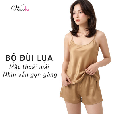 Bộ đồ ngủ lụa latin 2 dây cổ tròn WANNABE dáng suông a-line, quần đùi tôn dáng mặc rất mát BSC01