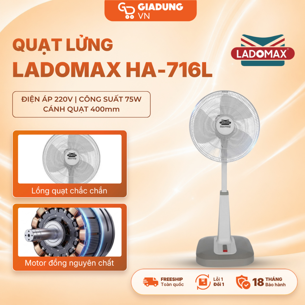 Quạt Lửng Ladomax HA-716L 100W - Motor 100% Lõi Đồng, Gió Mạnh, Bảo Hành 36 Tháng