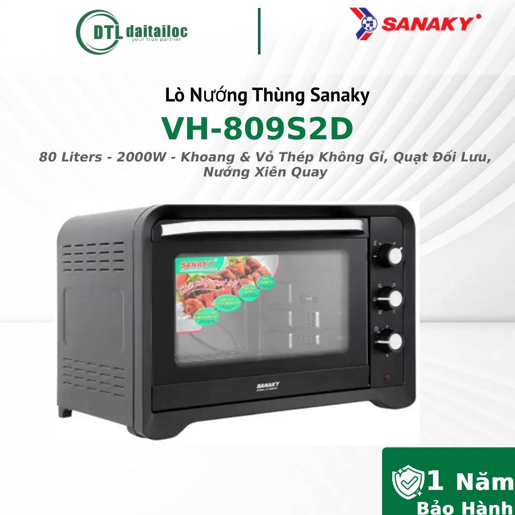 Lò Nướng Thùng Sanaky VH-809S2D 80 L - 2000W Khoang & Vỏ Thép Không Gỉ, Quạt Đối Lưu / Chính hãng / 