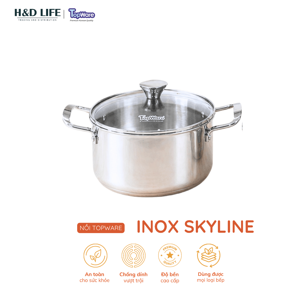Nồi Inox Liền Khối TopWare Sky Line An Toàn Thực Phẩm Truyền Nhiệt Đều Bền Đẹp Dùng Mọi Loại Bếp HD 