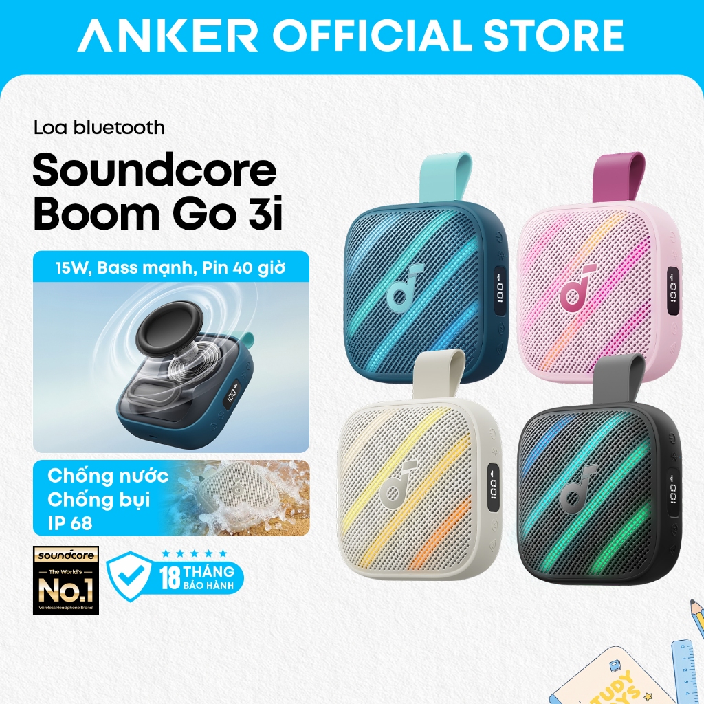 Loa bluetooth soundcore Boom Go 3i – 15W bass mạnh, pin 40H, chống nước và bụi IP68 | BigBuy360 - bigbuy360.vn