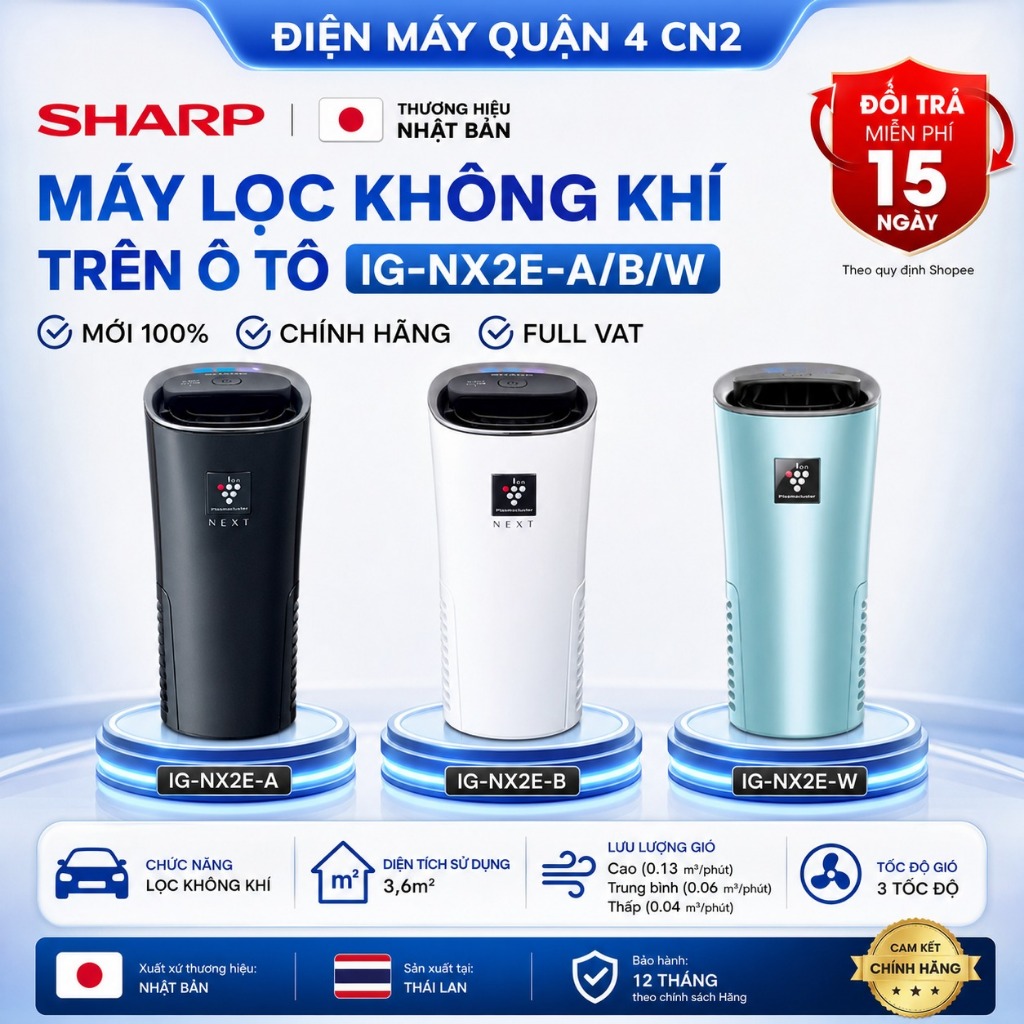 Máy Lọc Không Khí Ô Tô Sharp Plasmacluster Ion 90000 Ion Cm3 IG-NX2E-A/B/W