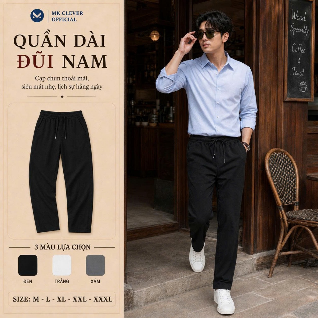 Quần Đũi Lụa Dài Nam MK CLEVER Chất liệu đũi lụa mềm mịn, thoáng mát, nhẹ, cạp chun dây