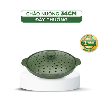 Chảo Nướng Dưỡng Sinh Minh Long 34 cm + Nắp - Đáy Thường
